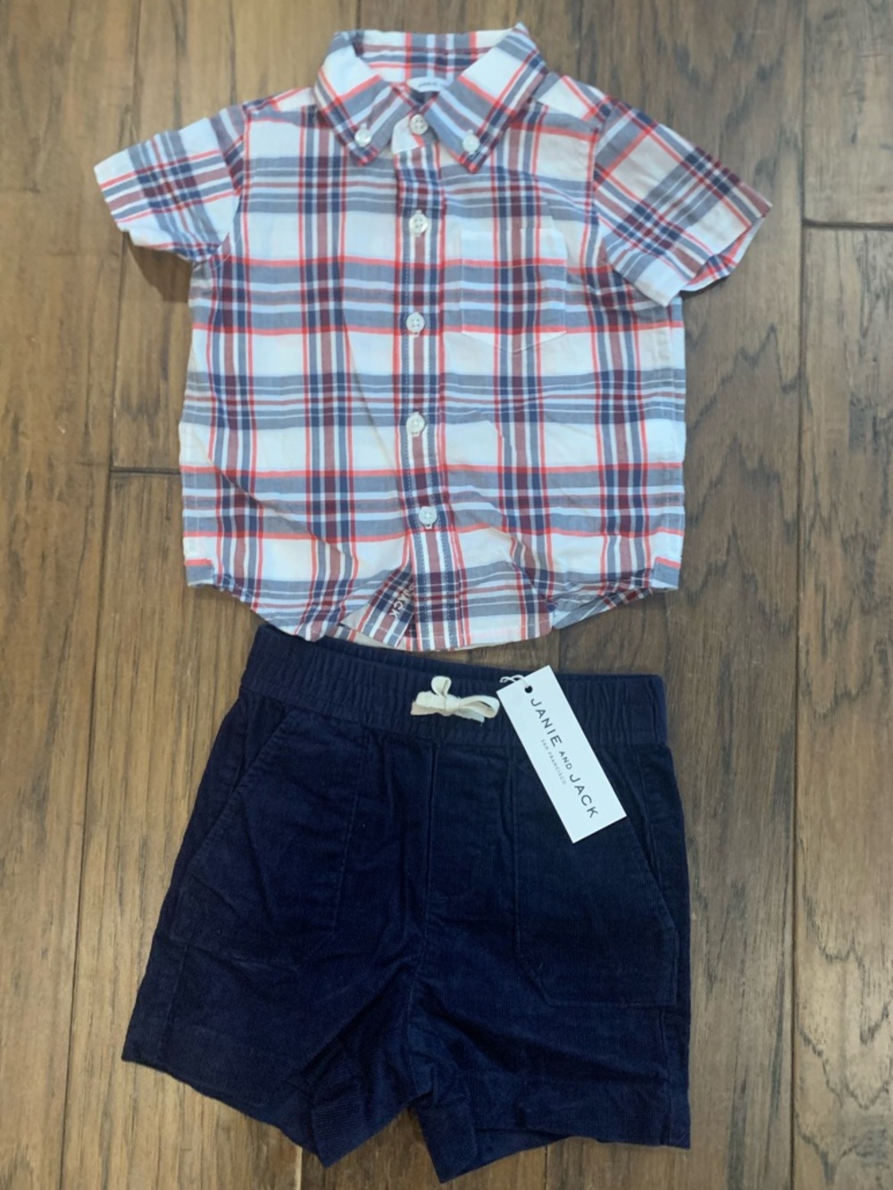 Janie and Jack Red, Blue and White Plaid Button-Down Shirt with Navy Shorts